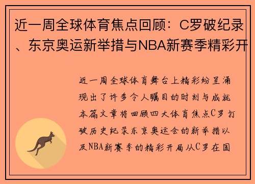 近一周全球体育焦点回顾：C罗破纪录、东京奥运新举措与NBA新赛季精彩开局